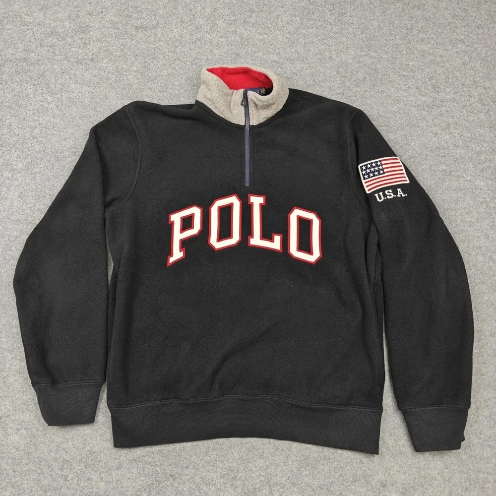 Polo Ralph Lauren Sweatshirt Mens Small Black 1/4 Zip Fleece USA Flag Sleeve